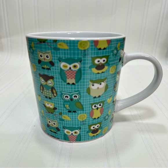 THL Whimsical and Fun Owl Patterned Coffee or Tea Mug - Teal Green and White - Picture 1 of 9